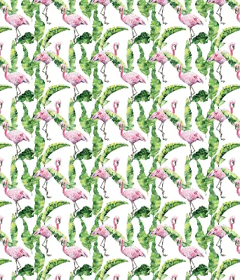 Estor enrollable de tela con estampado de flamencos junto a las hojas