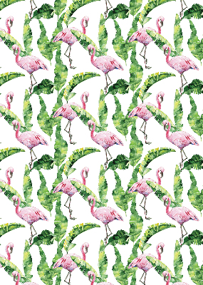 Estor enrollable de tela con estampado de flamencos junto a las hojas