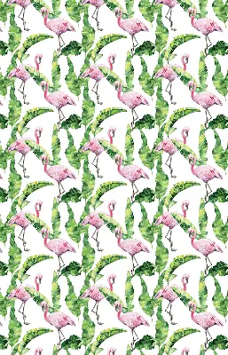 Estor enrollable de tela con estampado de flamencos junto a las hojas