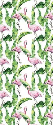 Estor enrollable de tela con estampado de flamencos junto a las hojas