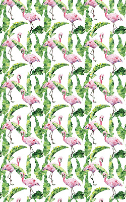 Estor enrollable de tela con estampado de flamencos junto a las hojas