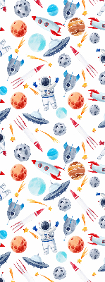 Estor decorativo con cohetes, cosmonautas, planetas y ovnis