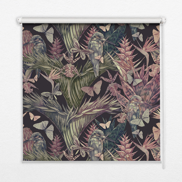 Estor decorativo con diseño de plantas y aves exóticas