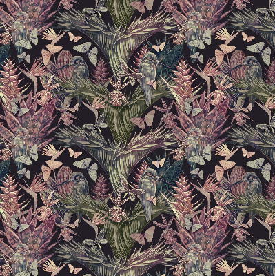 Estor decorativo con diseño de plantas y aves exóticas