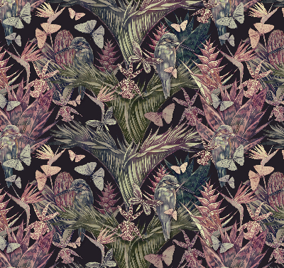 Estor decorativo con diseño de plantas y aves exóticas