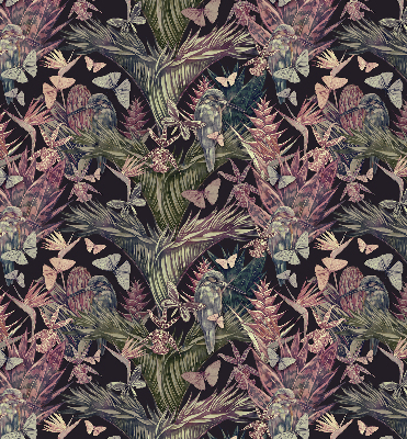 Estor decorativo con diseño de plantas y aves exóticas