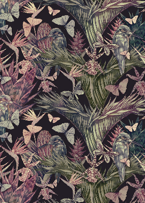 Estor decorativo con diseño de plantas y aves exóticas