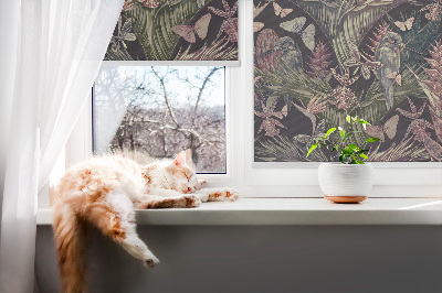 Estor decorativo con diseño de plantas y aves exóticas