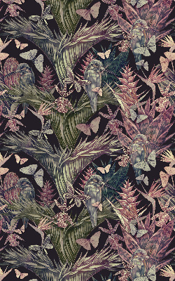 Estor decorativo con diseño de plantas y aves exóticas