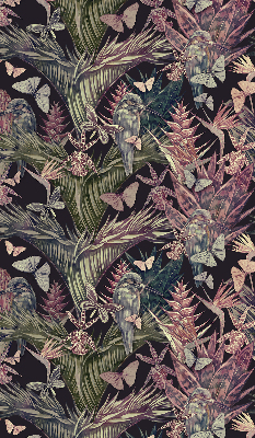 Estor decorativo con diseño de plantas y aves exóticas