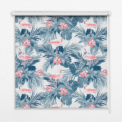 Estor enrollable de tela con estampado de plantas tropicales y flamencos
