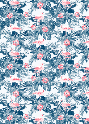 Estor enrollable de tela con estampado de plantas tropicales y flamencos