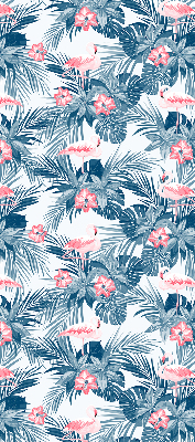 Estor enrollable de tela con estampado de plantas tropicales y flamencos