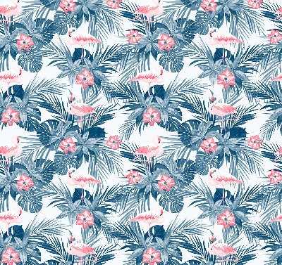 Estor enrollable de tela con estampado de plantas tropicales y flamencos
