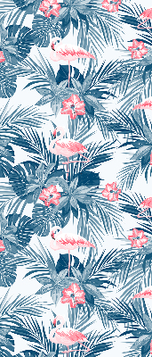 Estor enrollable de tela con estampado de plantas tropicales y flamencos