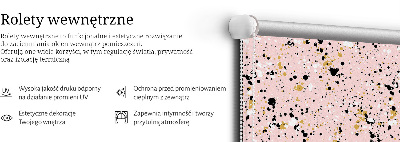 Estor enrollable de tela con manchas de pintura sobre un fondo rosa