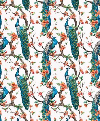 Estor decorativo con diseño de pavo real en una rama