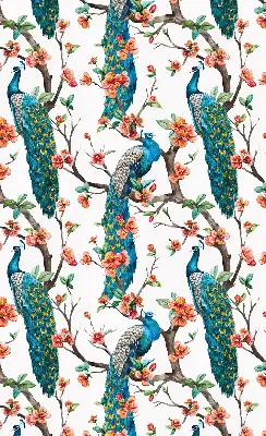 Estor decorativo con diseño de pavo real en una rama
