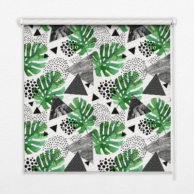 Estor decorativo con diseño de hojas, triángulos y puntos