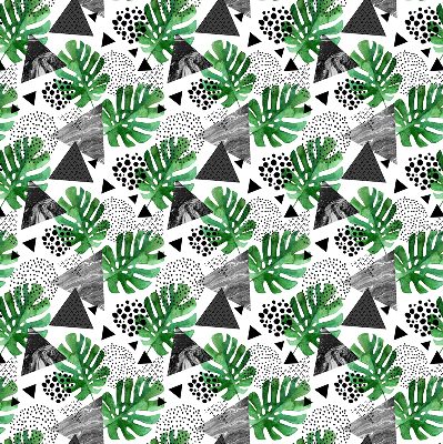 Estor decorativo con diseño de hojas, triángulos y puntos