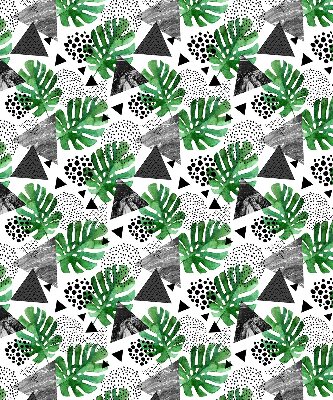 Estor decorativo con diseño de hojas, triángulos y puntos