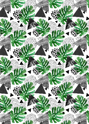 Estor decorativo con diseño de hojas, triángulos y puntos
