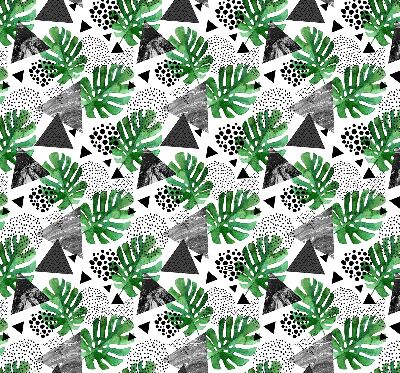 Estor decorativo con diseño de hojas, triángulos y puntos