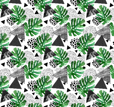 Estor decorativo con diseño de hojas, triángulos y puntos