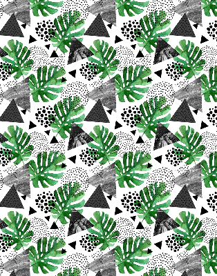 Estor decorativo con diseño de hojas, triángulos y puntos