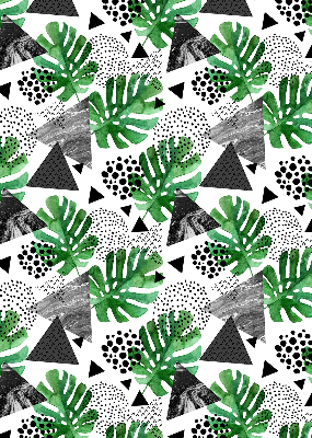 Estor decorativo con diseño de hojas, triángulos y puntos