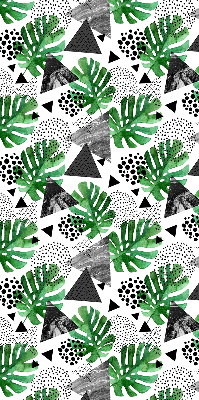 Estor decorativo con diseño de hojas, triángulos y puntos