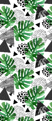 Estor decorativo con diseño de hojas, triángulos y puntos