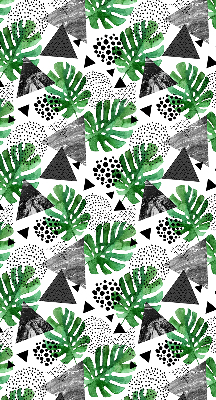 Estor decorativo con diseño de hojas, triángulos y puntos