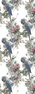 Estor enrollable de tela con diseño de loros entre flores
