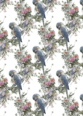 Estor enrollable de tela con diseño de loros entre flores