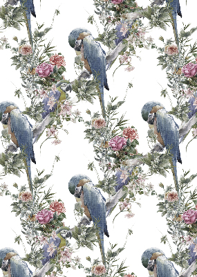 Estor enrollable de tela con diseño de loros entre flores