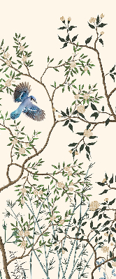Estor enrollable de tela con diseño de pájaros en un árbol