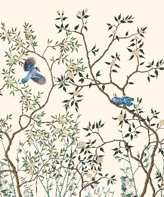 Estor enrollable de tela con diseño de pájaros en un árbol