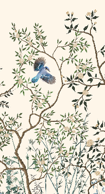 Estor enrollable de tela con diseño de pájaros en un árbol