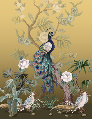 Estor enrollable de tela con diseño de pavo real en un árbol