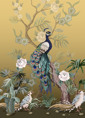 Estor enrollable de tela con diseño de pavo real en un árbol