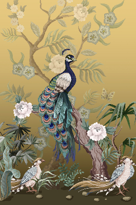 Estor enrollable de tela con diseño de pavo real en un árbol
