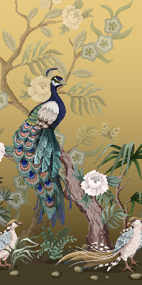 Estor enrollable de tela con diseño de pavo real en un árbol