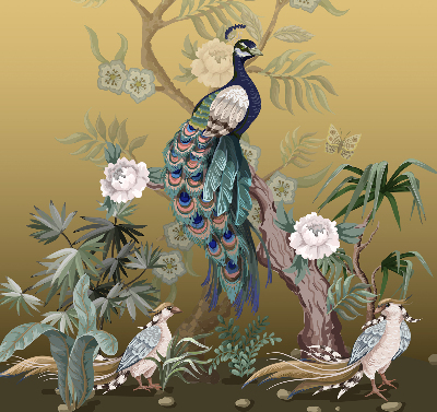 Estor enrollable de tela con diseño de pavo real en un árbol