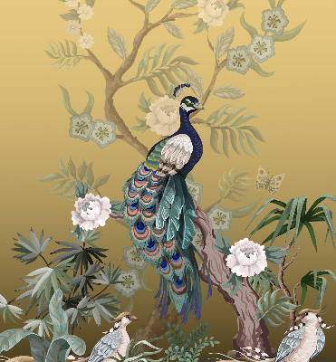 Estor enrollable de tela con diseño de pavo real en un árbol