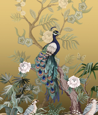 Estor enrollable de tela con diseño de pavo real en un árbol