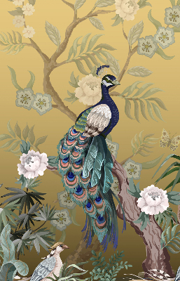 Estor enrollable de tela con diseño de pavo real en un árbol