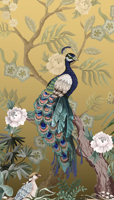 Estor enrollable de tela con diseño de pavo real en un árbol