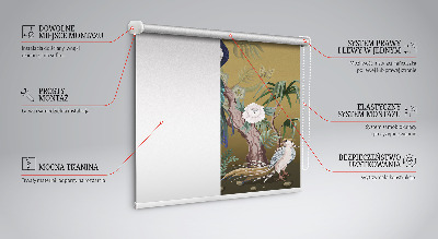 Estor enrollable de tela con diseño de pavo real en un árbol