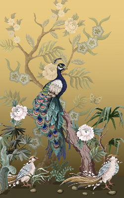 Estor enrollable de tela con diseño de pavo real en un árbol
